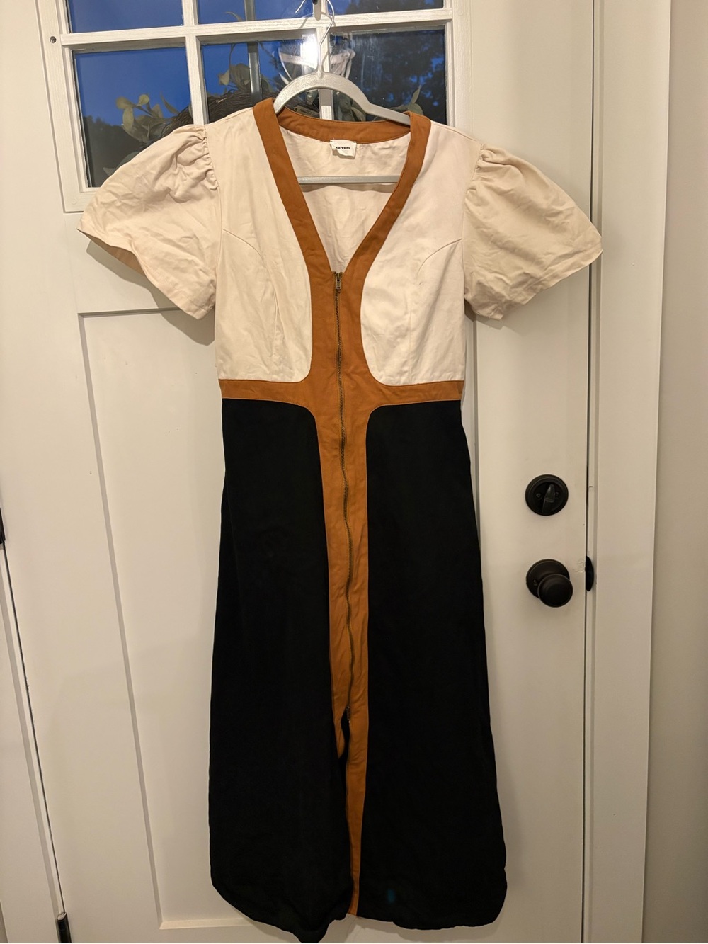 AUREUM Cream, Black & Tan Colorblock Puff Sleeve Maxi Dress